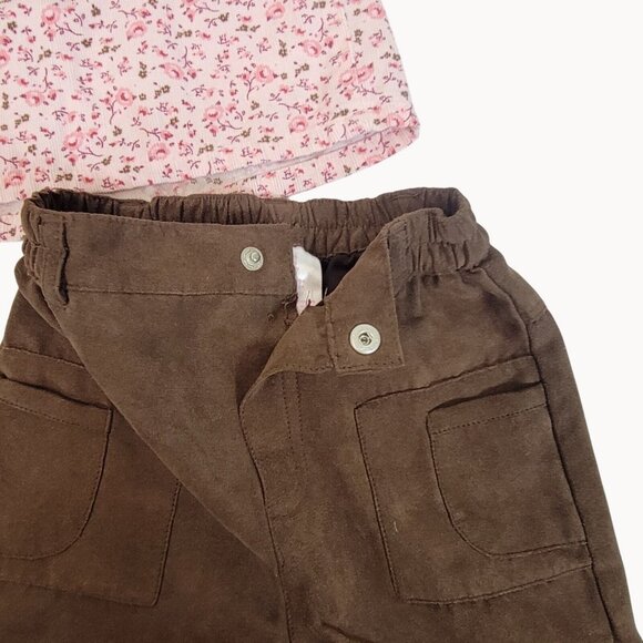 18mo Baby Girl 3pc Floral Corduroy Set Hat Top Pants Ruffle Kidcore Pink Brown - Picture 9 of 10